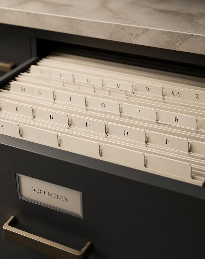 Neatly indexed filing drawer with labeled tabs